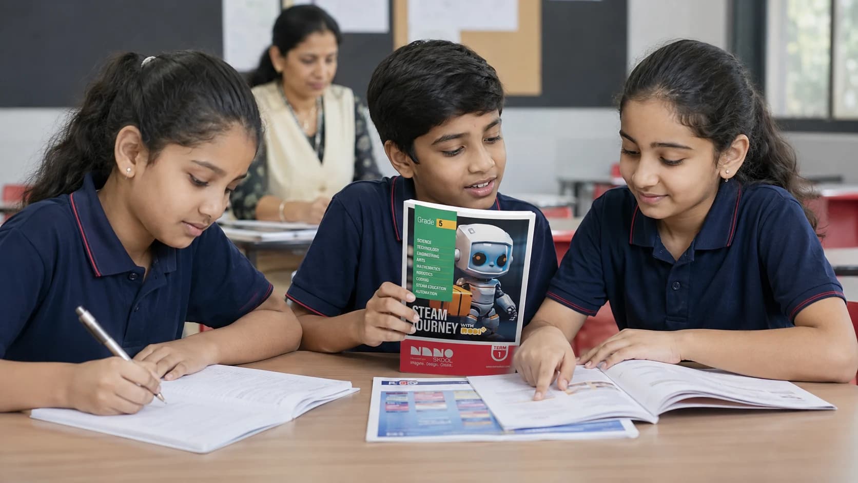 Illustrative classroom scene of students reading a NanoSkool STEAM Journey textbook together