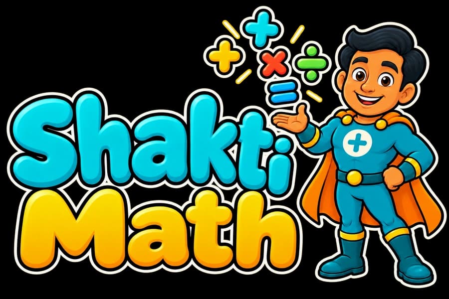 Shakti Math with superhero mascot and mathematical symbols