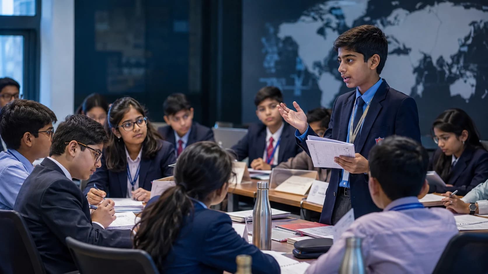 Student delegates researching, listening and speaking during a Model United Nations committee