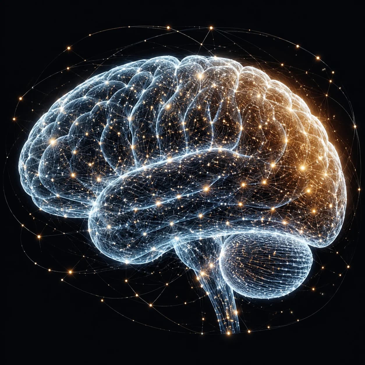 Side-view brain with distinct cortical folds, cerebellum and brainstem, illuminated by fine neural connections.