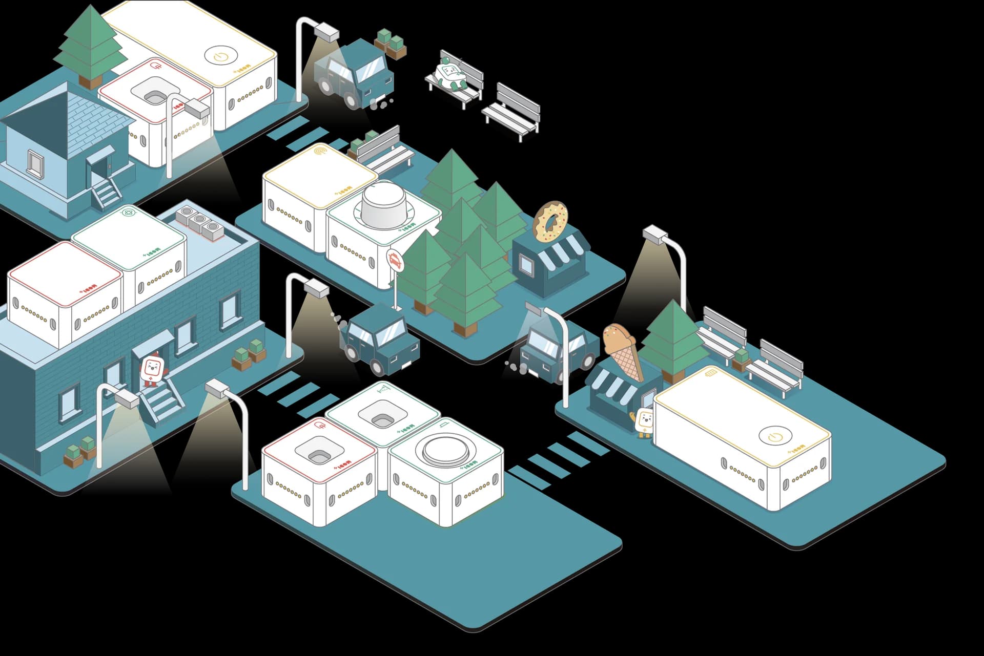 An illustrated modular town with MODI robotics modules, buildings, vehicles and streetlights