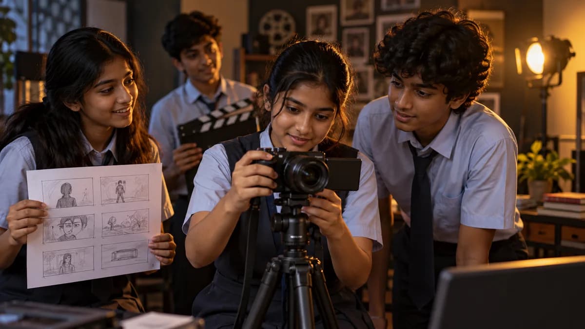 Students exploring filmmaking with a camera and storyboard