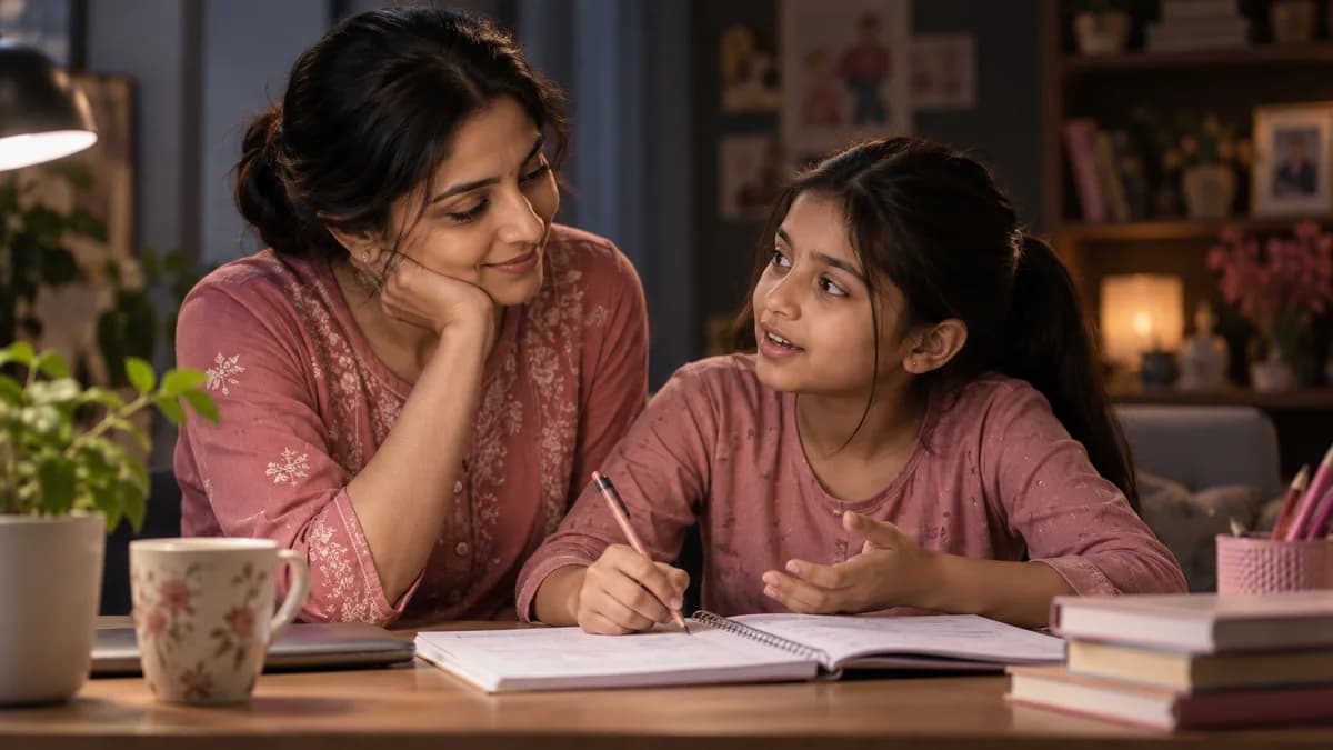 A mother and daughter sharing a conversation while learning together