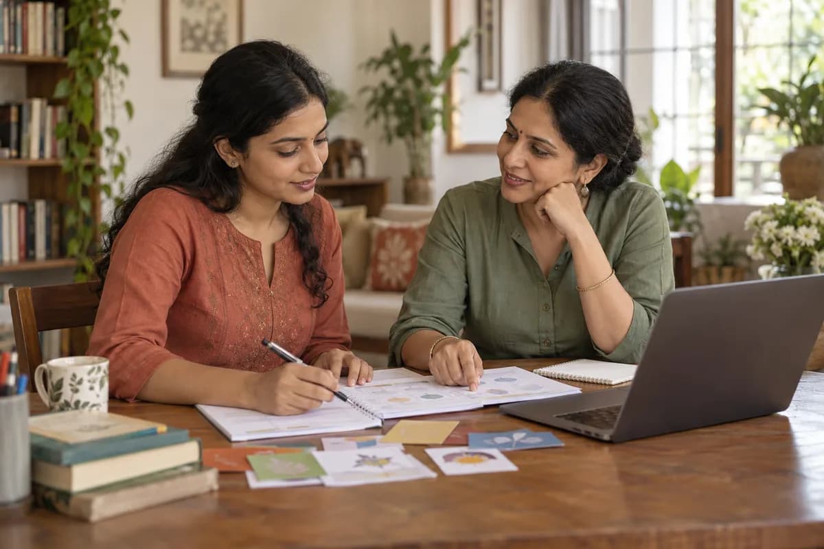 Concept illustration of two women preparing learning activities together at home