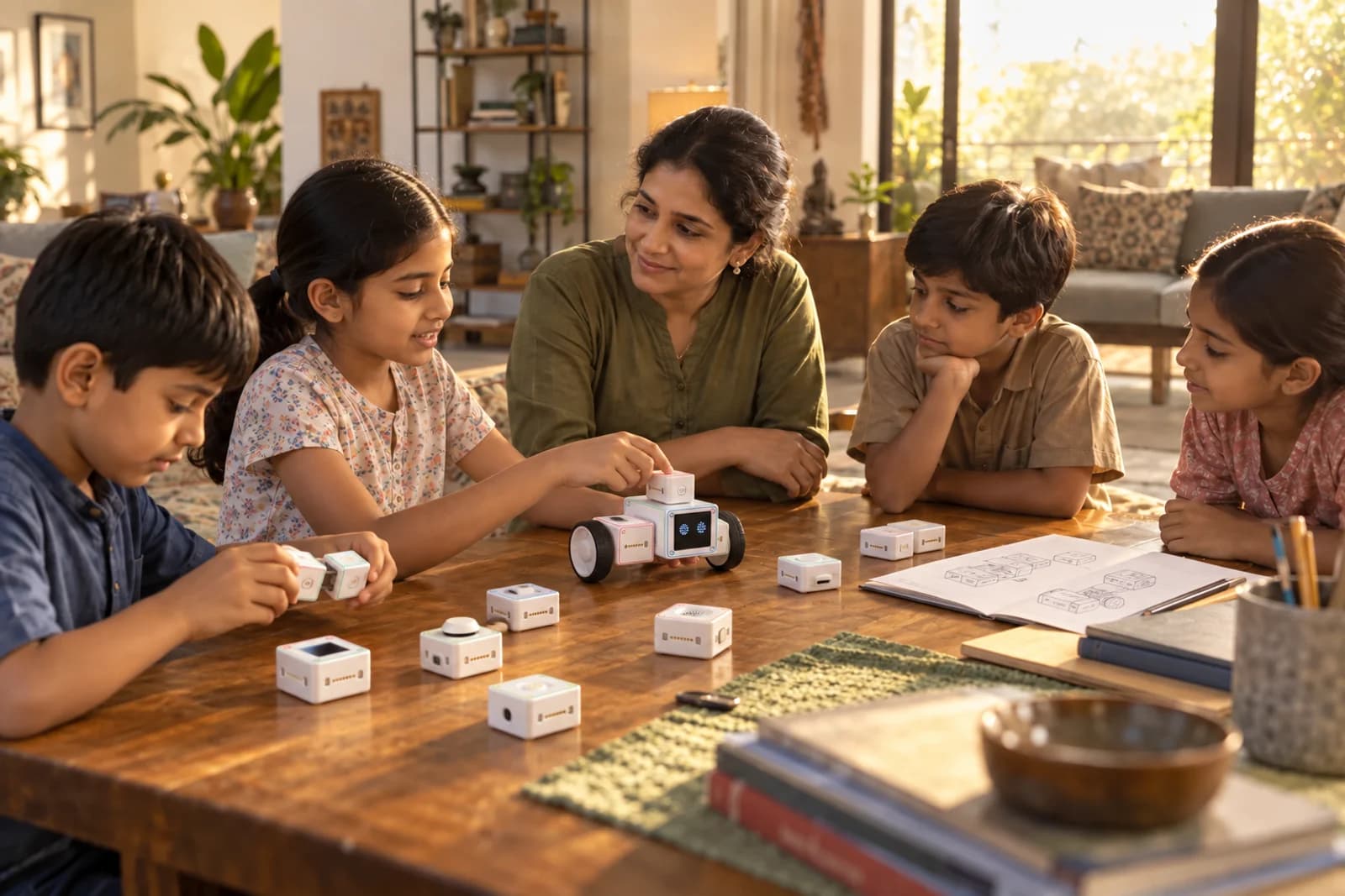 Concept illustration of children connecting Luxrobo-style modular robotics and testing a small wheeled robot with an educator in a home learning group