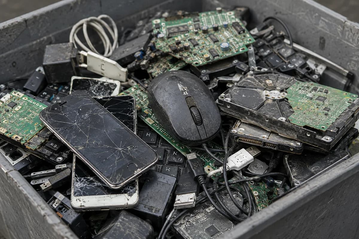 Electronic waste: discarded cracked phones, circuit boards, cables and worn computer components in a collection tray