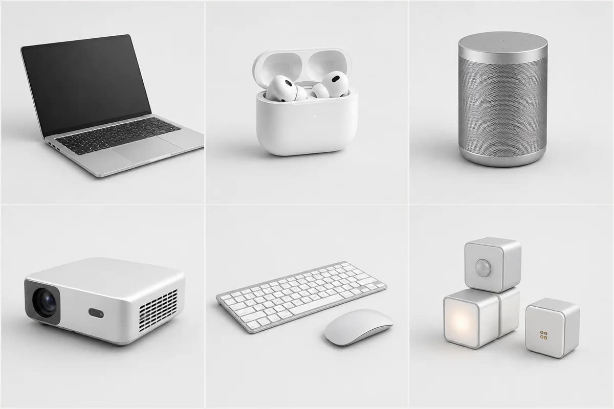Three-column, two-row grid of illustrative minimal electronics: laptop, earbuds, speaker, projector, keyboard and modular components