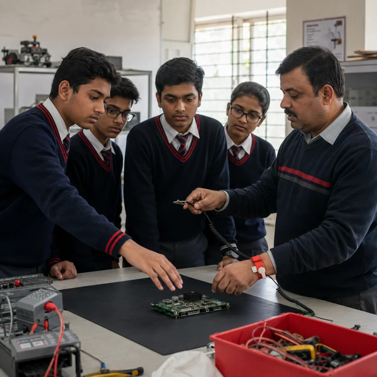 A supervised Indian school laboratory scenario illustrating the risk of electrostatic discharge