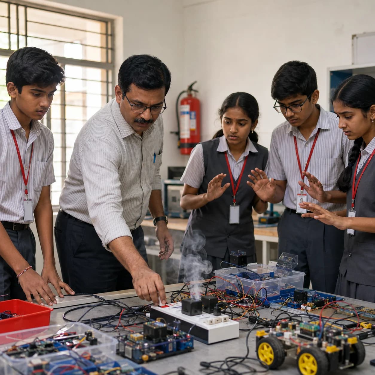 A supervised Indian school laboratory scenario illustrating the risk of fire hazards