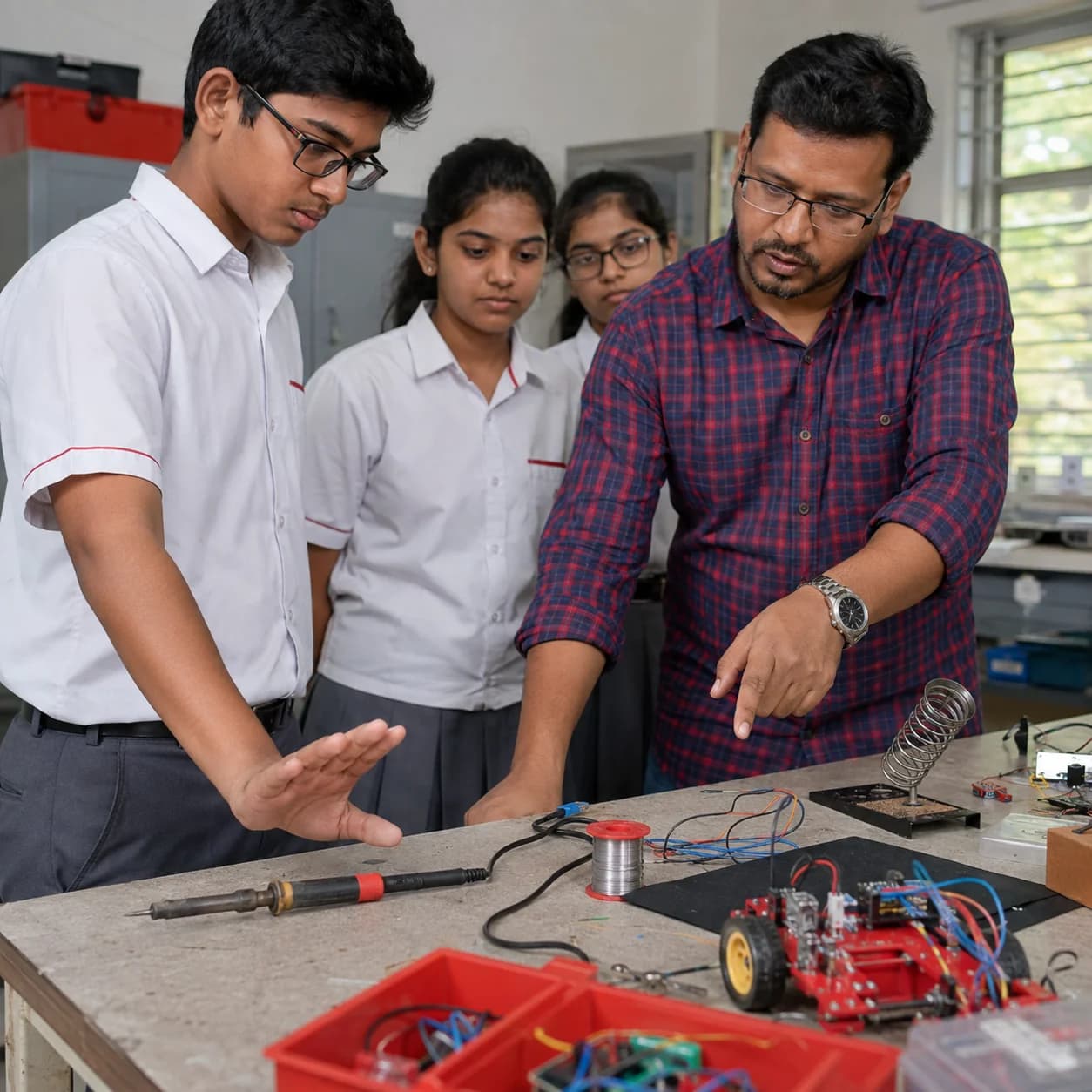 A supervised Indian school laboratory scenario illustrating the risk of soldering burns