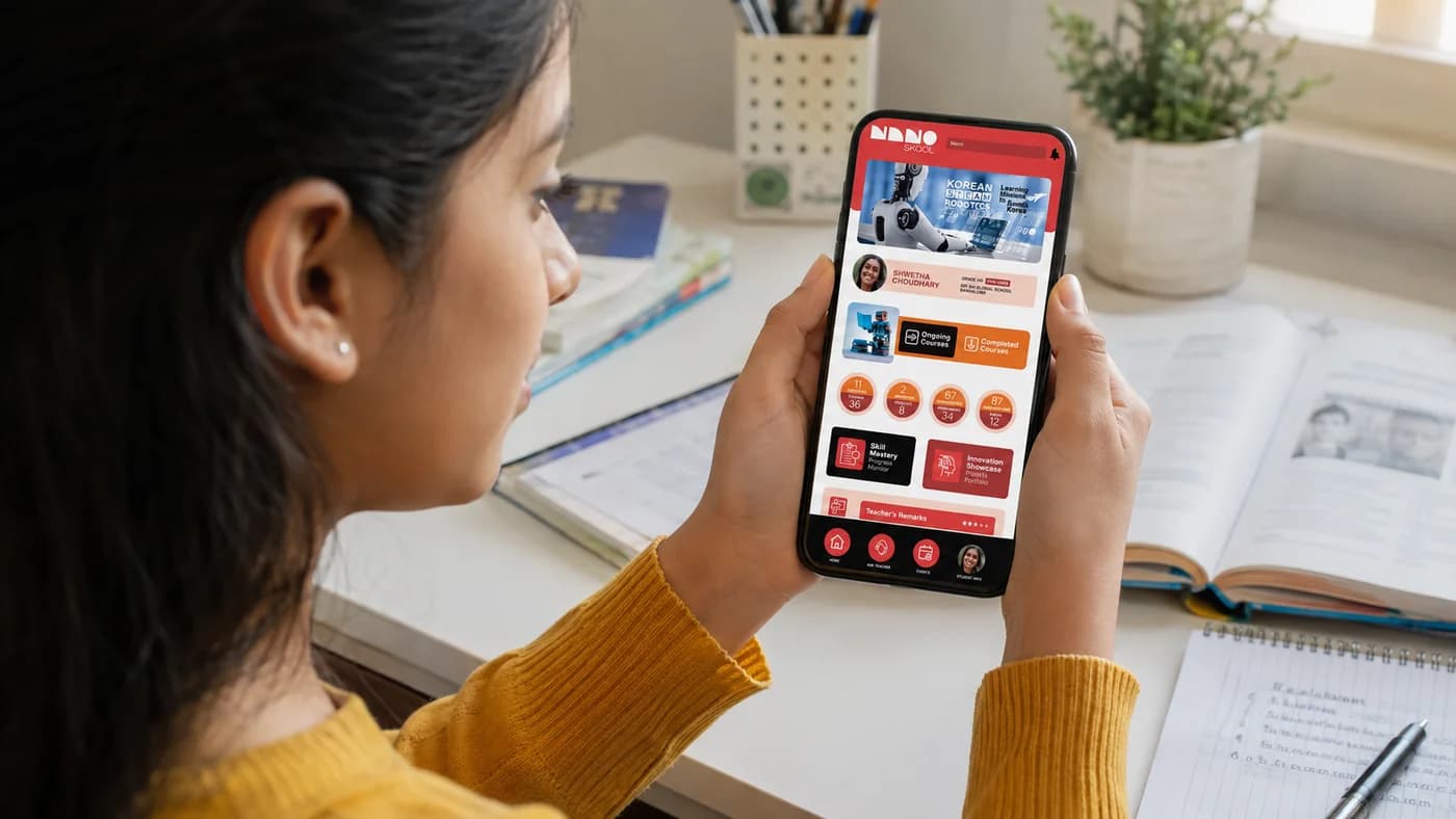 Illustration of a student using the NanoSkool mobile app with its learning dashboard visible