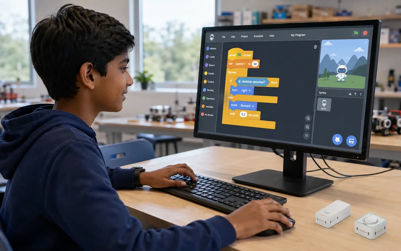 Illustration of a student using block coding on a desktop computer in a robotics lab
