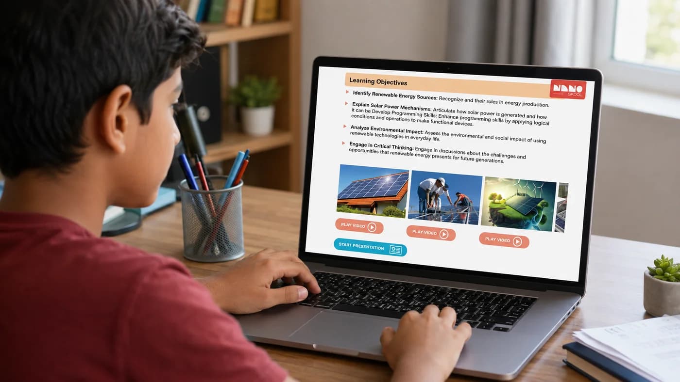 Illustration of a student using NanoSkool learning content on a laptop