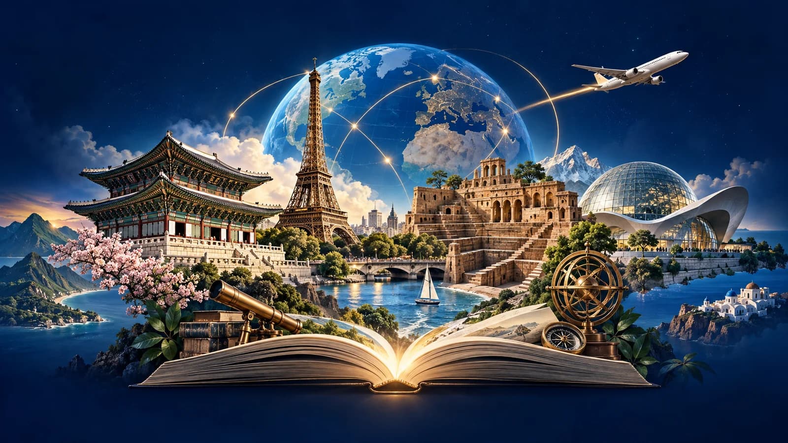 Global travel collage with cultural landmarks, a globe, an aircraft and an open book