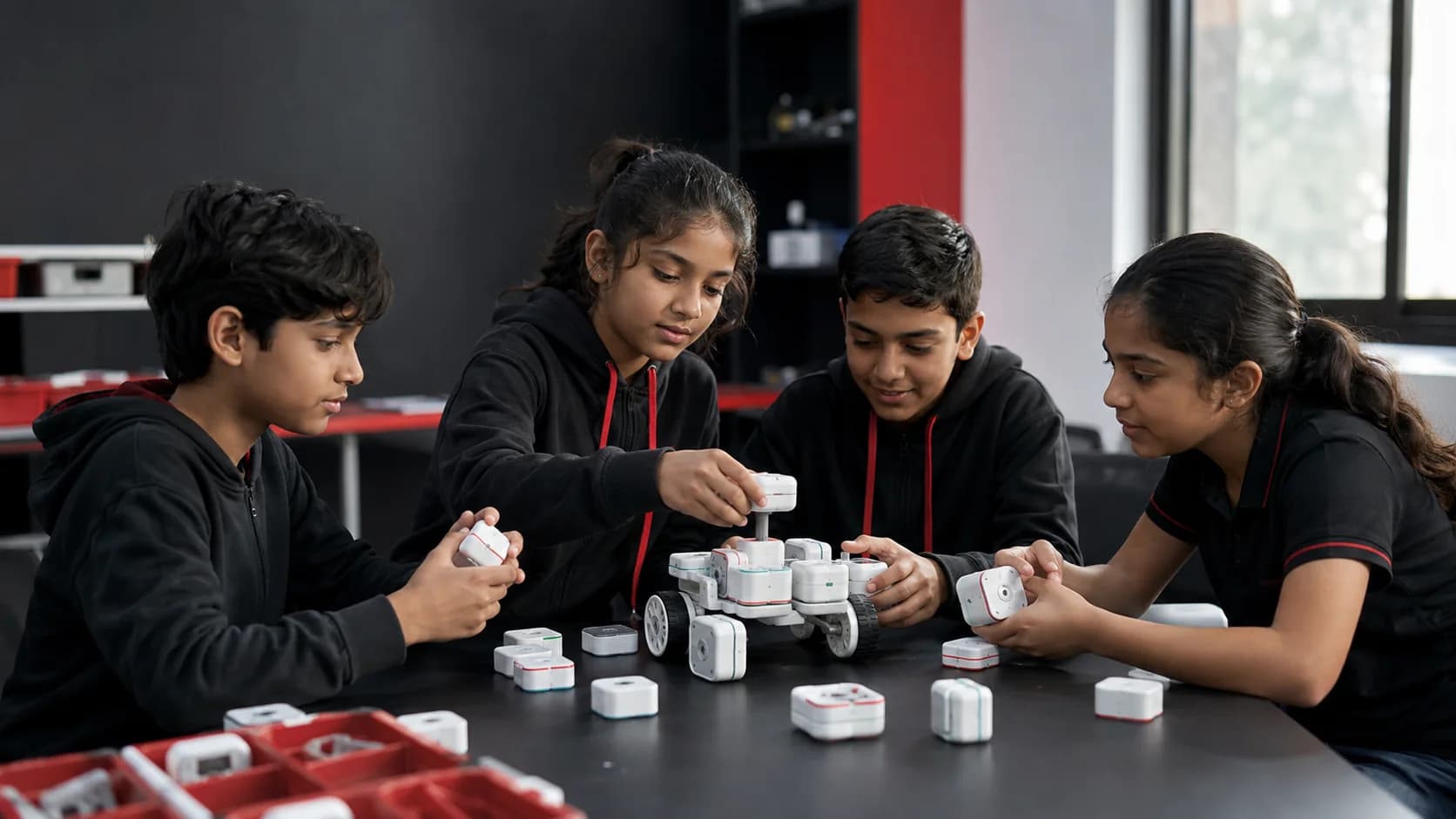 Students building with white LUXROBO modular robotics products