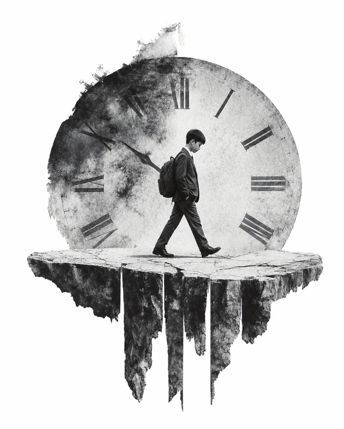 A learner walking forward against a large clock