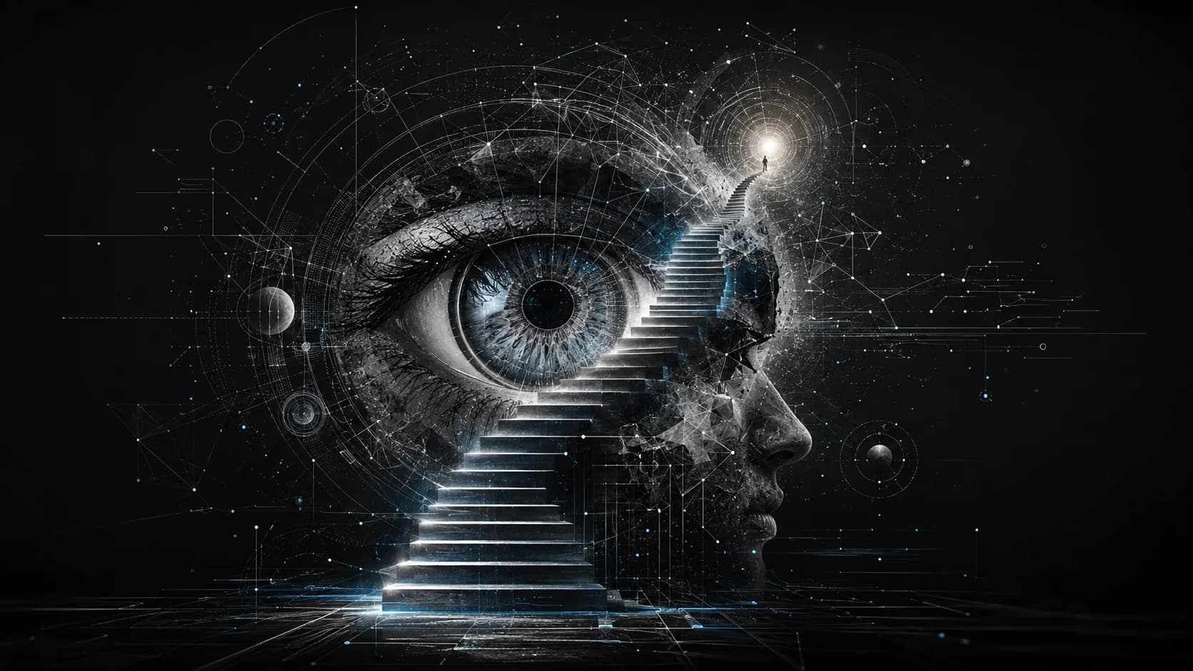 A visionary human profile, an eye and a staircase leading towards light